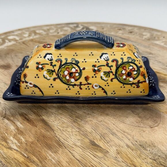 Anthropologie Floral LYNA Hand Painted Blue & Yellow Covered Butter Dish French - Picture 1 of 6